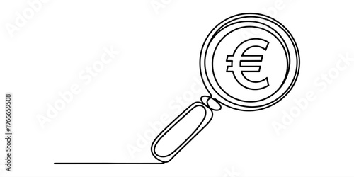 Continuous line drawing of a magnifying glass focusing on a euro currency symbol for financial analysis