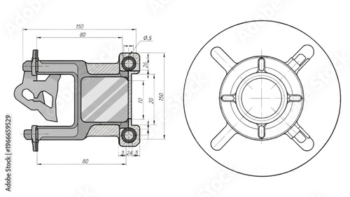 Vector CAD design style drawing of mechanical industrial parts with tools