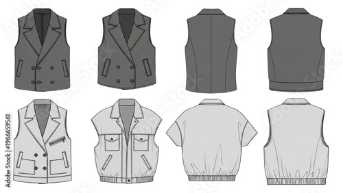 Vector CAD design style clothing illustrations of vests and shirts