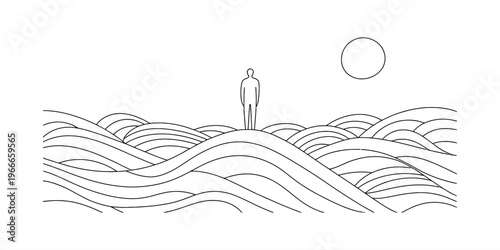 Minimalist line art illustration of a person standing on rolling hills under a large round sun