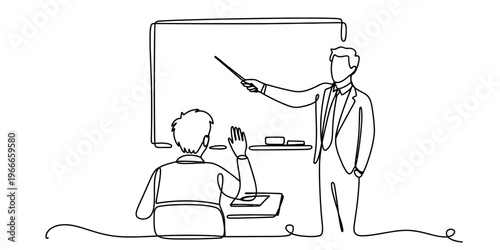 Continuous line drawing of a teacher pointing to a whiteboard while a student raises a hand in class.
