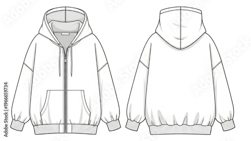 Vector CAD design style illustration of a hoodie in front and back view