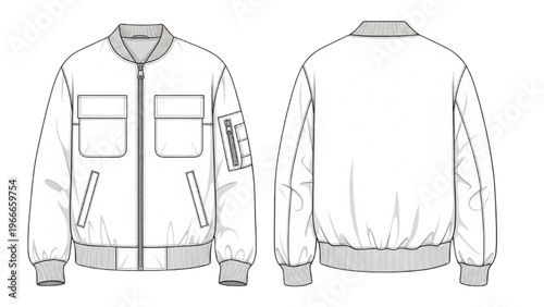 Obraz na plátně Vector CAD design style illustration of a bomber jacket front and back