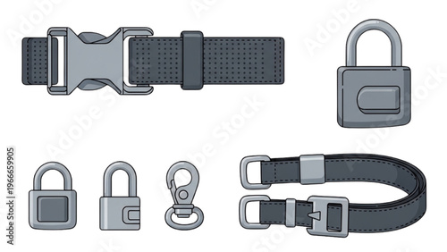 Vector illustration of various locks and straps in CAD design style