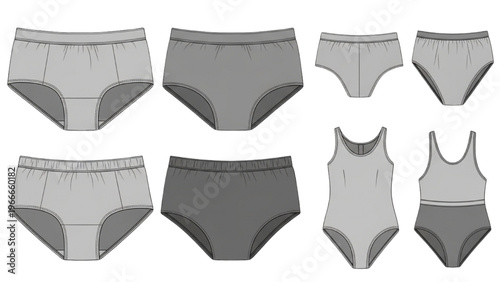 Vector CAD design style illustration of various underwear types displayed
