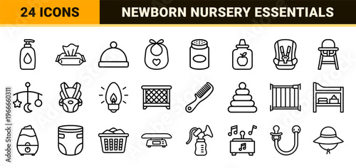 Infant Care Essentials and Nursery Items Monoline Graphic Set Featuring Minimalist Geometric Line Art for Commercial Design Projects