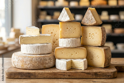 Assorted artisan cheeses stacked on a wooden board. Wheels and wedges display diverse textures and colors, showcasing the rich variety of artisanal cheese. 