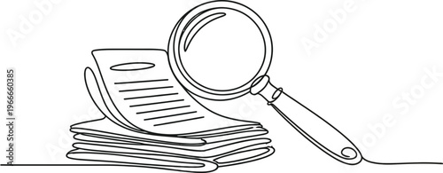Continuous one line drawing of magnifying glass over stack of paper documents for audit and data research analysis.