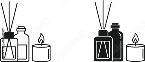 Aromatherapy Spa Icon Set Featuring Reed Diffuser Sticks Essential Oil Bottles and Scented Candle Symbols for Wellness Relaxation Home Fragrance and Beauty Therapy DesignsAromatherapy Spa Icon Set Fea