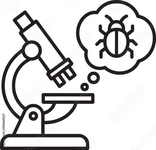 Scientific microscope analyzing bug inside thought bubble representing biological disease research and pest control line icon vector