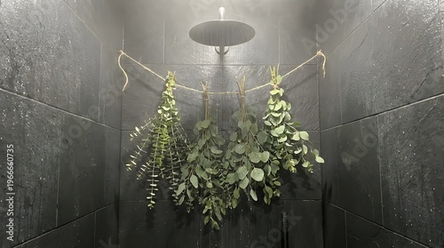 Several fresh eucalyptus bundles are suspended from twine in a steamy shower, creating a natural spa-like aromatic experience.