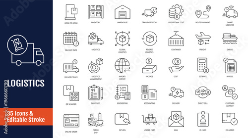 Logistics icon set. Icons related to Shipping, delivery, distribution, cargo, supply chain, freight, export, import, and more. Outline icon with Editable stroke. Vector illustration