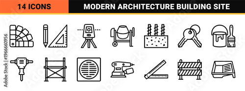 Construction and Industrial Engineering Monoline Icons featuring Heavy Machinery, Manual Hand Tools, and Building Site Equipment in Minimalist Style