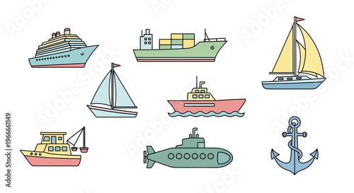 Collection of various nautical vessels.