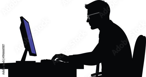 Black silhouette of man working at computer, office employee using desktop pc at desk, professional programmer or gamer vector illustration
