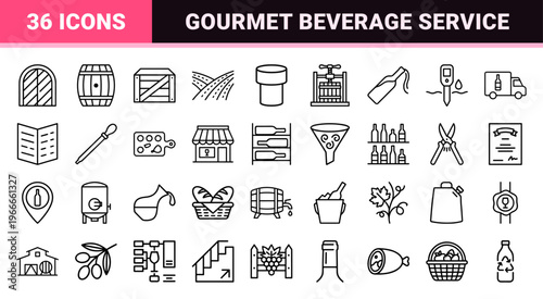 Minimalist Wine and Viticulture Icon Set featuring Geometric Monoline Symbols for Professional Sommelier Branding and Winery Digital Interface Design