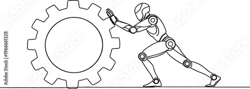 Line art illustration depicting a robotic figure or person actively pushing a large gear, symbolizing concepts such as teamwork, mechanical industry, or business automation. 