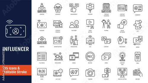 Influencer icon set. Icons related to celebrity, influence, follower, social media, promotion, passion, content, community, marketing. Outline icon with Editable stroke. Vector illustration