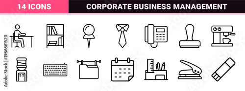 Corporate Workplace and Business Management Line Art, Minimalist Geometric Outline Symbols for Professional Productivity and Office Stationery.