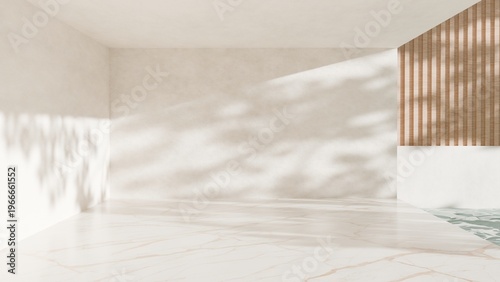 Schilderij op canvas Empty modern minimal room corner, white marble floor, concrete walls, natural su