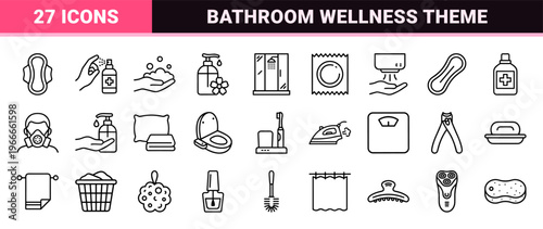 Personal Hygiene and Sanitary Care Geometric Line Art Set: Minimalist Monoline Outline Symbols for Bathroom Wellness and Body Care.