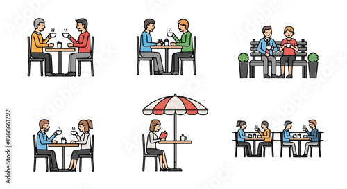 Illustrations of diverse people dining at tables with various seating arrangements and outdoor umbrella in a colorful flat lay.