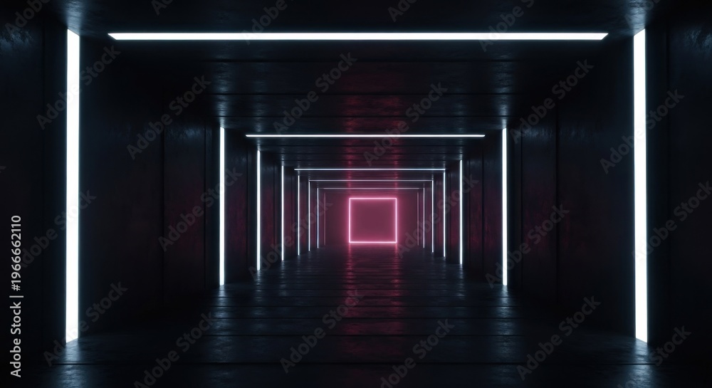 Naklejka premium Dark corridor with glowing square and rectangular light frames