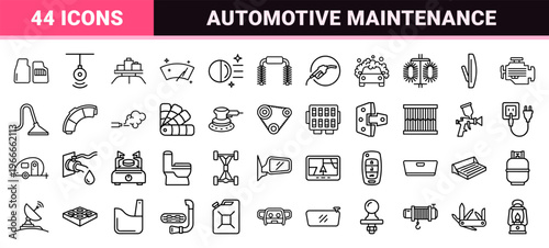Automotive Service and Recreational Vehicle Outline UI Elements Featuring Minimalist Geometric Car Maintenance and Caravan Camping Symbols
