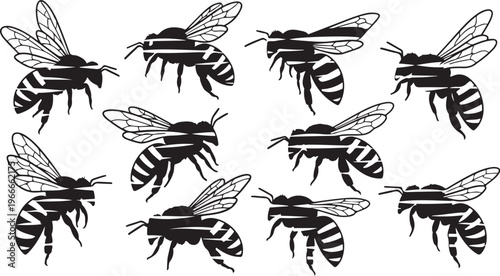 Black and white illustration of multiple bees in flight