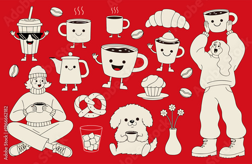 A vibrant and fun collection of cartoon-style illustrations depicting a cheerful coffee break. Features anthropomorphic coffee cups, a playful dog, people enjoying drinks, pastries, on a red backgroud