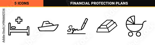 Refined Insurance and Risk Management Geometric Line Art Set featuring Minimalist Monoline Symbols for UI and Brand Identity.