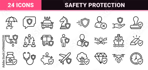 Professional Insurance and Risk Management Outline Symbols. Minimalist monoline geometric line art for commercial safety and protection.