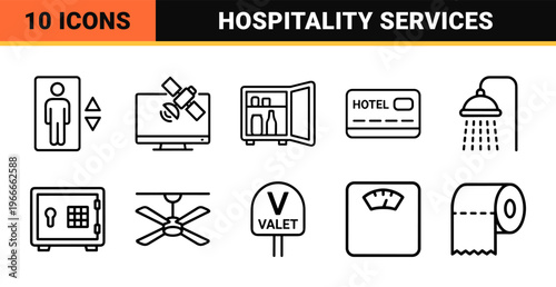 Hospitality and Resort Service Amenities Set: Minimalist Monoline Geometric Outline Icons for Professional Hotel Signage and UI Design.