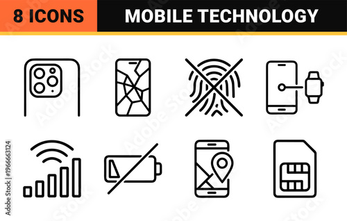 Mobile Technology and Smart Device Connectivity Minimalist Monoline Line Art Set for Modern Web Interface and Digital App Design