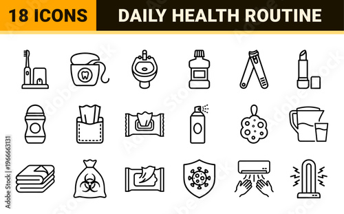 Minimalist Monoline Hygiene and Sanitary Care Icon Set Featuring Geometric Line Art for Healthcare and Personal Wellness Applications