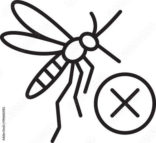 Flying mosquito insect with cross mark representing repellent protection against malaria disease transmission line icon vector