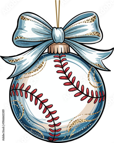 A red leather baseball and bat isolated for a festive sports gift illustration with holiday ribbon decoration