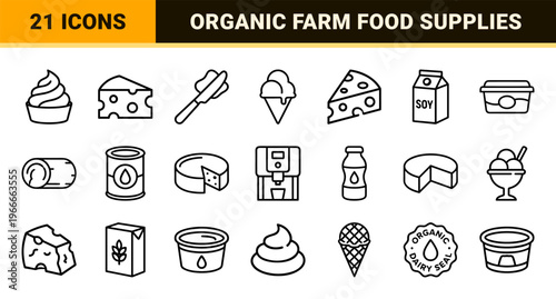 Minimalist monoline dairy products and cheese varieties icon set featuring geometric line art of milk bottles, yogurt, and butter.