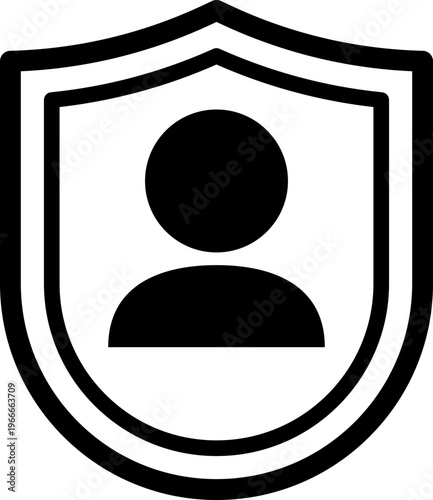 デバイス保護とプライバシーを表現した盾と人物のモノクロアイコン（セキュリティ・認証・安心・安全・リモート）