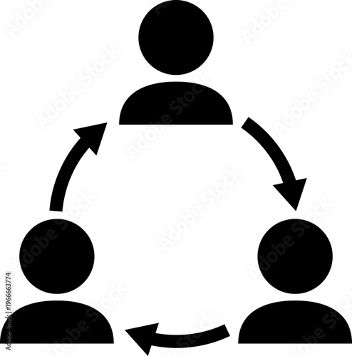 三人の人物と循環する矢印のモノクロアイコン（サイクル・共有・チーム・継続・サステナブル）