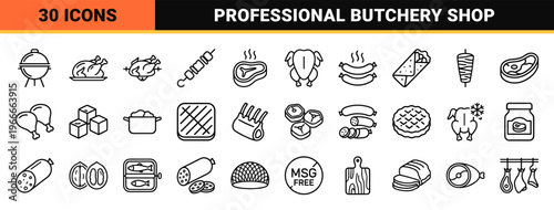 Commercial Meat and Butchery Fine Line Icon Set Featuring Gourmet Poultry Seafood and Charcuterie in Minimalist Geometric Monoline Style