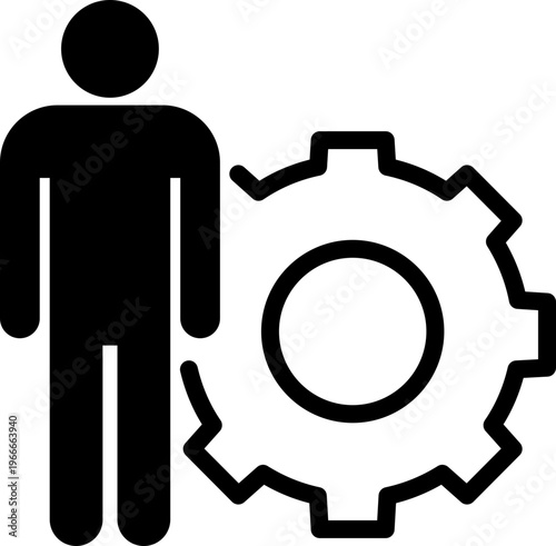 人物と歯車を組み合わせた運用・管理のモノクロアイコン（シルエット・設定・システム・エンジニア・労働）