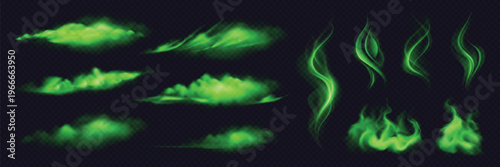 Set of green toxic smoke, magical fog, and glowing fire elements