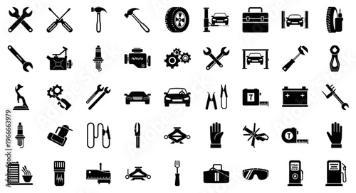 Collection of Automotive Repair and Maintenance Tools Icons.