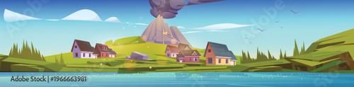 Landscape with village houses near a volcano erupting with smoke and lava