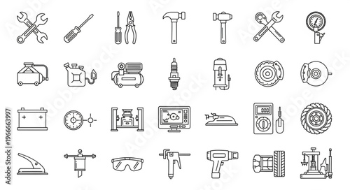 Collection of Automotive Repair and Mechanical Tools Icons.
