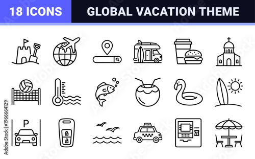 Minimalist Monoline Travel and Tourism Icon Set Featuring Geometric Line Art for High-End Navigation and Commercial Interface Design.