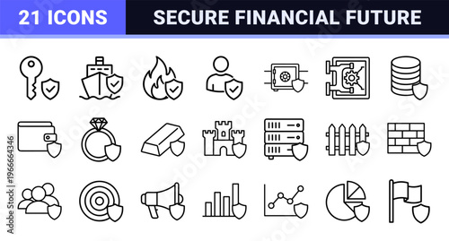 Comprehensive Insurance and Risk Management Icon Set featuring Minimalist Monoline Geometric Outlines for Professional Financial Security