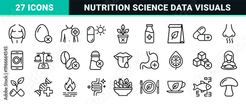 Nutrition and Healthy Dieting Technical Monoline Icon Set featuring Minimalist Outline Symbols for Weight Loss, Healthcare, and Food Science.