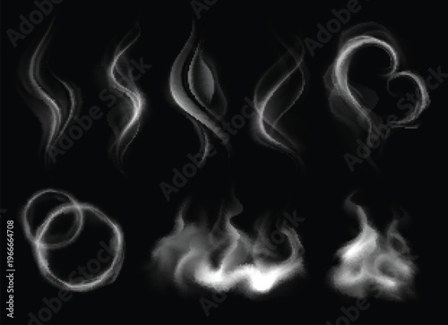 Set of realistic white smoke swirls, steam clouds and rings